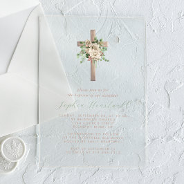 フローラグリーンアイボリーバラ金ゴールドクロスガールバプテスマ アクリル招待状