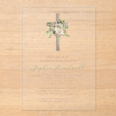 フローラグリーンアイボリーバラ金ゴールドクロスガールバプテスマ アクリル招待状 (正面)