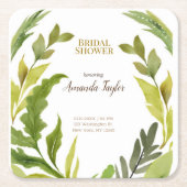 フローラグリーンウォーターカラーエレガントブライダルシャワー スクエアペーパーコースター (正面)