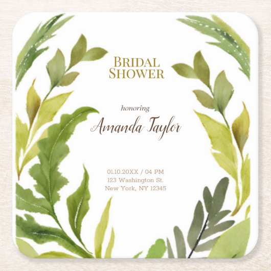 フローラグリーンウォーターカラーエレガントブライダルシャワー スクエアペーパーコースター (正面)