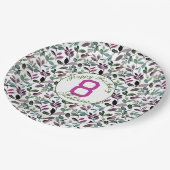 フローラグリーンウォーターカラーパターン誕生日名 ペーパープレート (アングル)