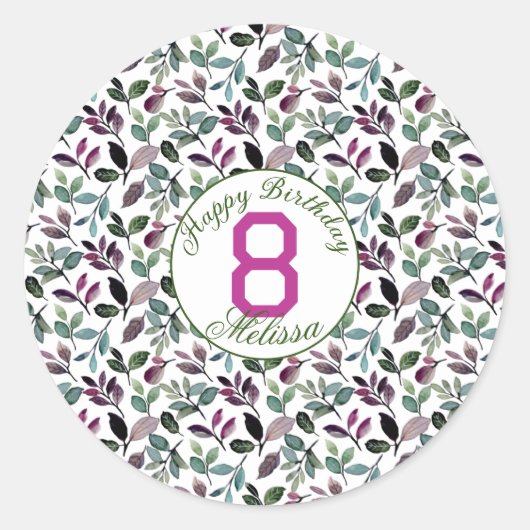 フローラグリーンウォーターカラーパターン誕生日名 ラウンドシール (正面)