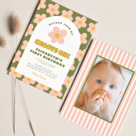 フローラグリーンピンクグルーヴィワンベビー第1誕生日 招待状