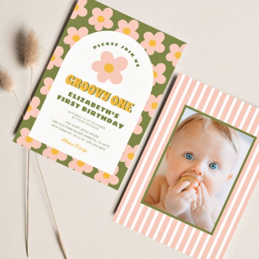 フローラグリーンピンクグルーヴィワンベビー第1誕生日 招待状