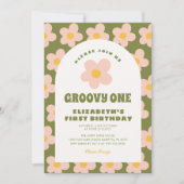 フローラグリーンピンクグルーヴィワンベビー第1誕生日 招待状 (正面)
