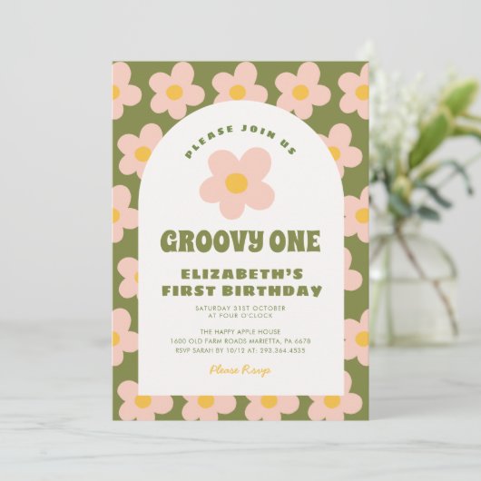 フローラグリーンピンクグルーヴィワンベビー第1誕生日 招待状 (スタンド正面)