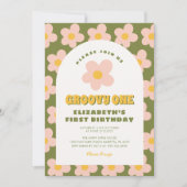 フローラグリーンピンクグルーヴィワンベビー第1誕生日 招待状 (正面)