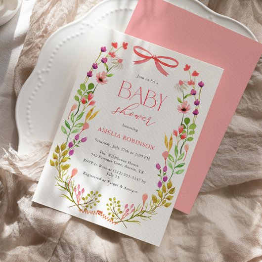 フローラグリーンピンクボウ素朴ベビーシャワー 招待状