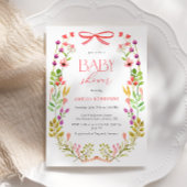 フローラグリーンピンクボウ素朴ベビーシャワー 招待状