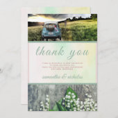 フローラグリーンピンクモダンたった今結婚しました結婚ズ サンキューカード (正面/裏面)