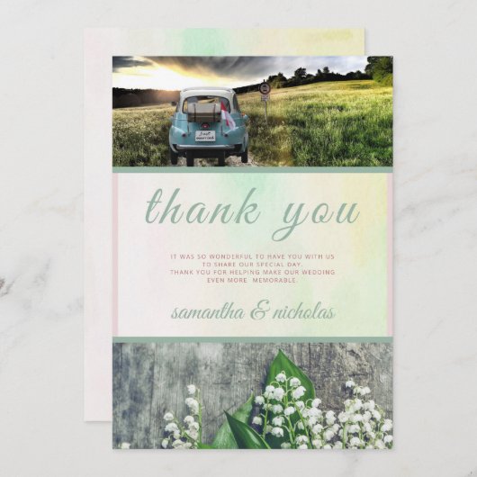 フローラグリーンピンクモダンたった今結婚しました結婚ズ サンキューカード (正面/裏面)