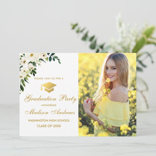 フローラグリーンフォト金ゴールド卒業パーティー招待状 招待状 (スタンド正面)