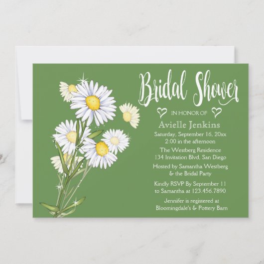 フローラグリーンブライダルシャワーホワイトデイジーフラワーズ 招待状 (正面)