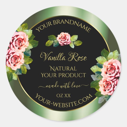 フローラグリーンブラック金ゴールド製品ラベルPink Roses ラウンドシール (正面)