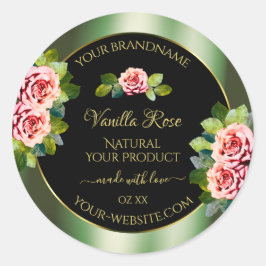 フローラグリーンブラック金ゴールド製品ラベルPink Roses ラウンドシール