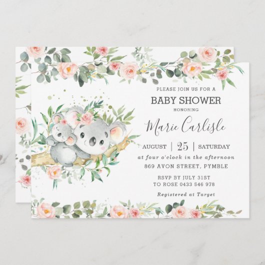フローラグリーンユーカリプタスコアラベビーシャワーガール 招待状 (正面/裏面)