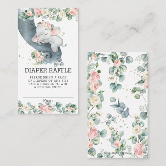 フローラグリーンリーエレファントベビーシャワーおむつラッフル エンクロージャーカード (正面/裏面)