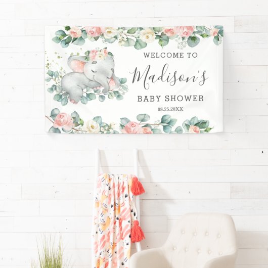 フローラグリーンリーエレファントベビーシャワーガールウェルカム 横断幕 (インサイチュ)