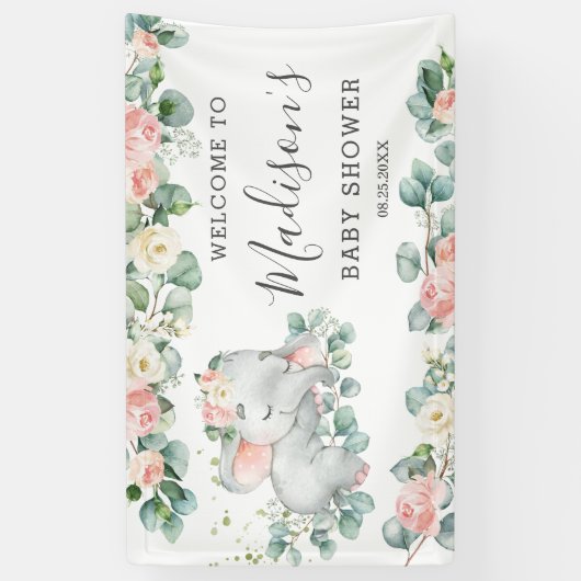 フローラグリーンリーエレファントベビーシャワーガールウェルカム 横断幕 (縦)