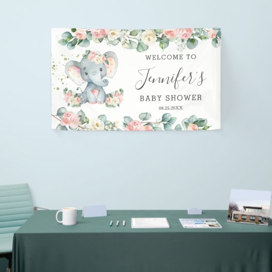 フローラグリーンリーエレファントベビーシャワーガールウェルカム 横断幕 (トレードショー)