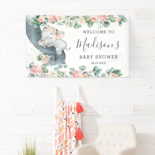 フローラグリーンリーエレファントベビーシャワーガールウェルカム 横断幕 (インサイチュ)