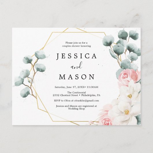 フローラグリーンリーカップルズシャワー招待状 ポストカード (正面)