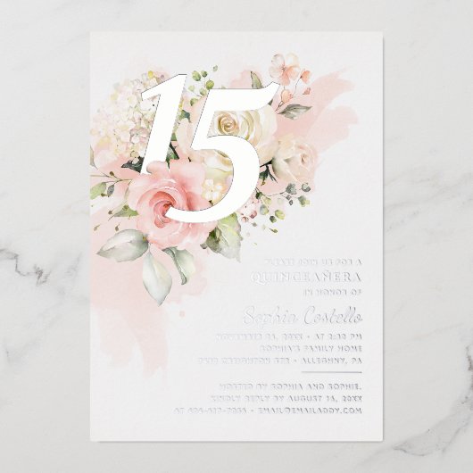 フローラグリーンリーキンセアニェラ15誕生日シルバー 箔招待状 (正面)