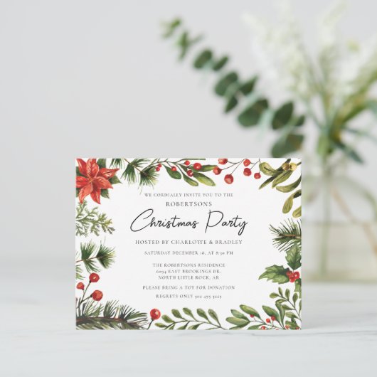フローラグリーンリースクリプトクリスマスホリデーパーティー インビテーションポストカード (スタンド正面)
