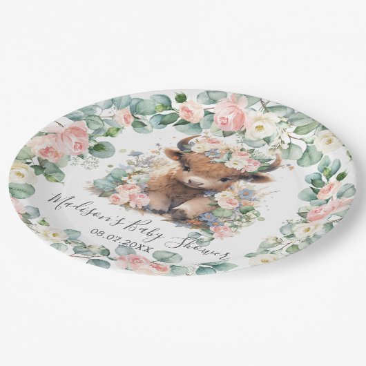 フローラグリーンリーハイランドカウベビーシャワー誕生日 ペーパープレート (アングル)