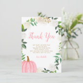 フローラグリーンリーピンクパンプキン秋ガールベビーシャワー サンキューカード (スタンド正面)