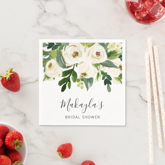 フローラグリーンリーホワイトローズエレガントブライダルシャワー スタンダードカクテルナプキン (インサイチュ)