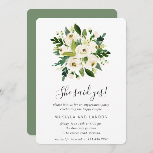 フローラグリーンリーホワイトローズ婚約パーティ 招待状 (正面/裏面)