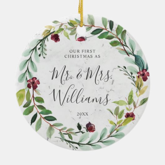 フローラグリーンリーリースマーブルトゥール初めてのクリスマス セラミックオーナメント (裏面)