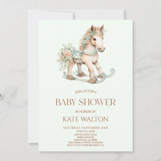 フローラグリーンヴィンテージ玩具ロッキングホース赤ちゃんシャワー 招待状 (正面)