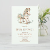フローラグリーンヴィンテージ玩具ロッキングホース赤ちゃんシャワー 招待状 (スタンド正面)