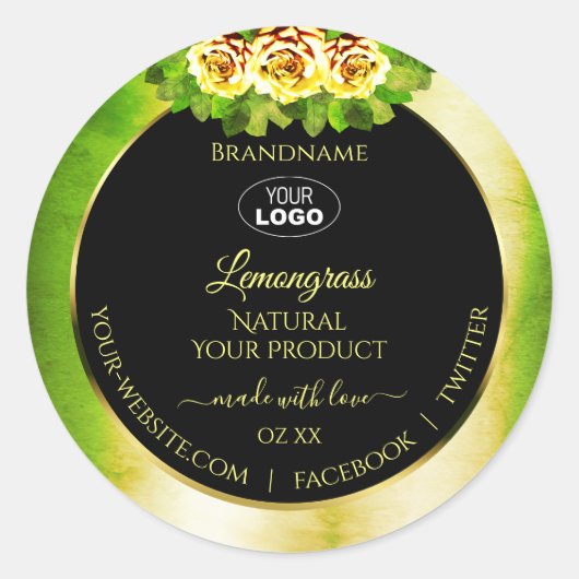 フローラグリーン大理石ブラック金ゴールド製品ラベルロゴ ラウンドシール (正面)