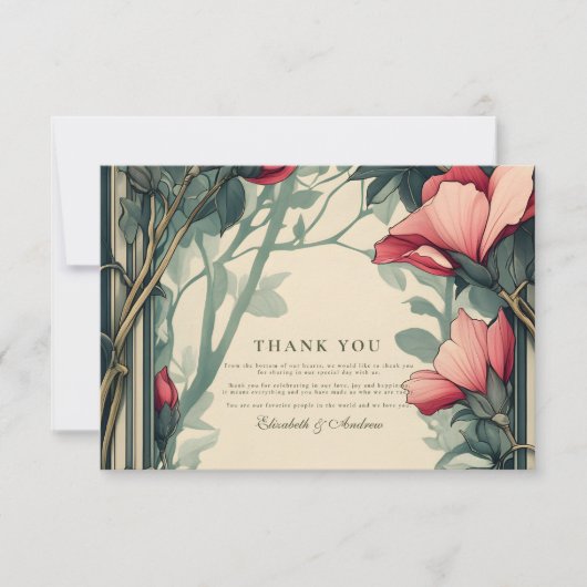 フローラグリーン結婚金ゴールドアールヌーボー サンキューカード (正面)