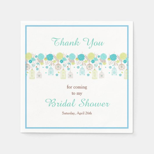 フローラグリーン&ブルーバードケージブライダルシャワー スタンダードカクテルナプキン (正面)