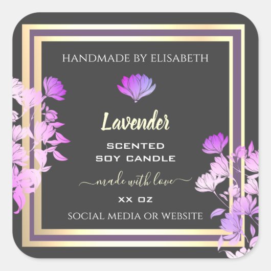 フローラグレーと紫の製品ラベルの金ゴールド効果 スクエアシール (正面)