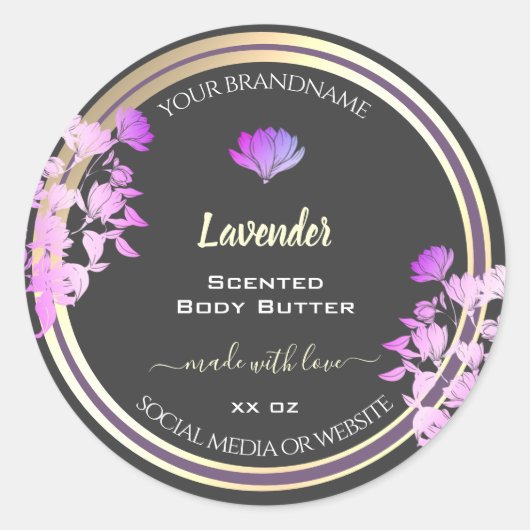 フローラグレーと紫の製品ラベルの金ゴールド効果 ラウンドシール (正面)