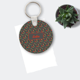 フローラグレーパターン赤いワイルドフラワー名Keychain キーホルダー