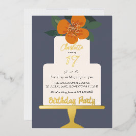 フローラケーキバースデーパーティー金ゴールド 箔招待状