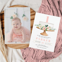 フローラケーキファースト誕生日招待状 – 任意の年齢の写真