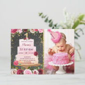 フローラケーキ1歳の誕生日招待状と写真 招待状 (スタンド正面)