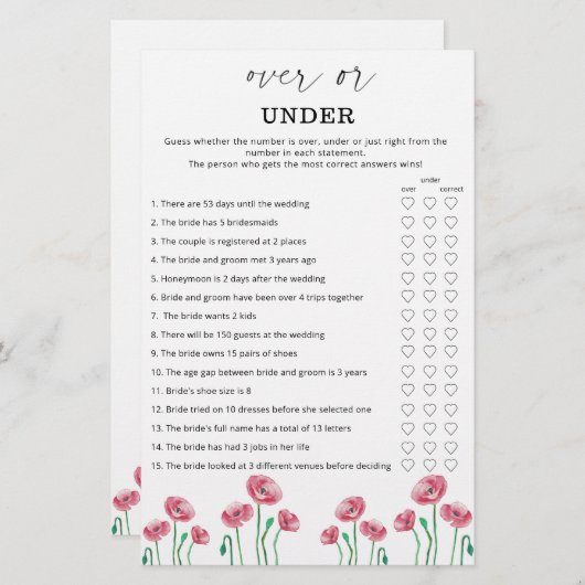 フローラゲームの上または下ブライダルシャワー (正面/裏面)