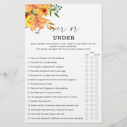 フローラゲームの上または下ブライダルシャワー (正面)