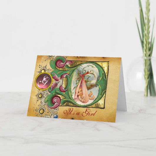 フローラコウノトリ女の子の赤ちゃんシャワーピンク宝石モノグラム 招待状 (正面)