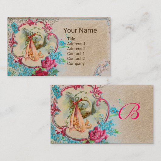 フローラコウノトリ赤ちゃんシャワーピンクのローズモノグラムクラフト 名刺 (正面/裏面)