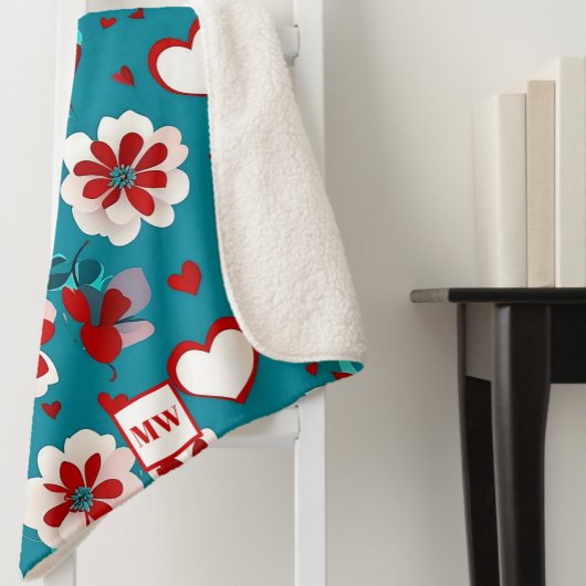 フローラコケットハートと花モノグラム シェルパブランケット