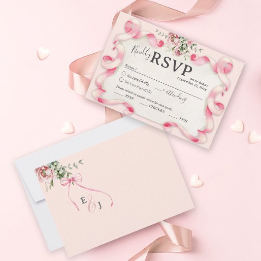 フローラコケットピンクボウかわいいヴィンテージウェディング 出欠カード